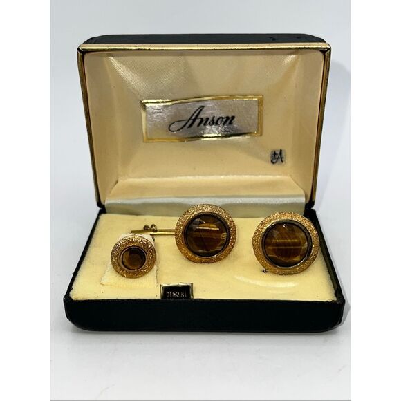 Vintage Tiger Vintage Tiger’s Eye Cufflinks and Tie Pin Set Anson Gold Tone Neutral Retro MCM